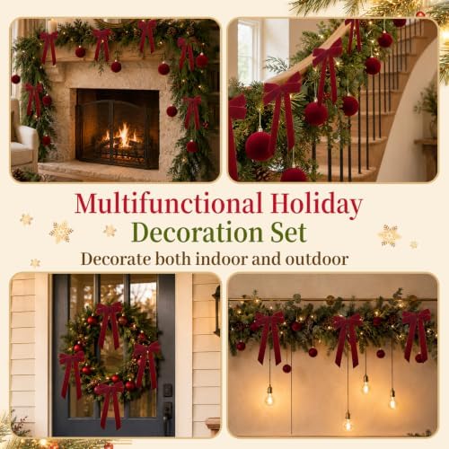 24 Pcs Red Velvet Christmas Tree Decor Set, Balls 3.15" and Bows 6" x 9"