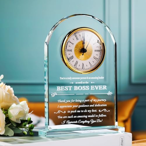 YWHL Best Boss Birthday Gifts for Women Men, Meaningful Boss Appreciation Gift for Female, Laser Engraving Glass Table Clock for Boss's Day Retirement Work Anniversary (Battery not Included)
