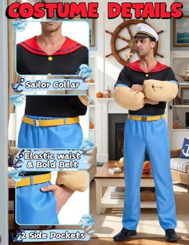 Cartoon Sailor Costume for Men, 7Pcs Deluxe Halloween Outfit Full Set