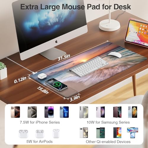 Mouse Pad with Magnetic Wireless Charging, 31.5"x15.8" in, Beach Sunset