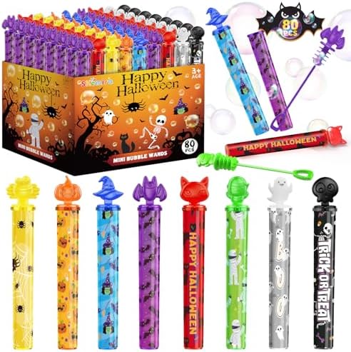 Shemira 80pcs Halloween Bubble Wands, Halloween Party Favors for Kids, Halloweens' Goodie Bags Fillers, Trick Or Treating Toys Bulk, Halloween Miniatures Prizes, for Kids,
