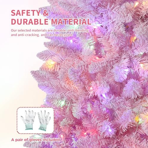 GarveeHome 7.5 ft Prelit Artificial Christmas Tree with RGB & Warm White Lights, Pre-Lit Snow Flocked Pencil Christmas Tree, Foldable Base,Holiday Decoration for Home, Office, Party,Pink Gradient