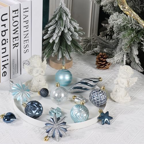 82Pcs Blue and Silver Christmas Ornaments Set, Shatterproof Christmas Decorations for Tree Assorted Plastic Craft Baubles Snowflake Ball Ornaments for Holiday Xmas Party Decor (Blue & Silver)