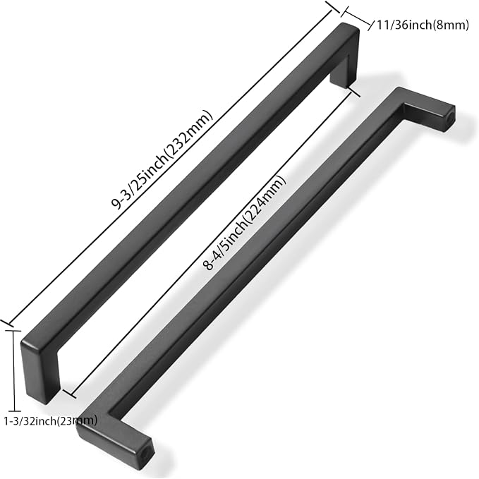 khtumeware 2 Pack 8-3/4 inch Center to Center Solid Black Cabinet Pulls Square Bar Drawer Handles Cabinet Handles Matte Black Drawer Pulls Kitchen Cabinet Hardware