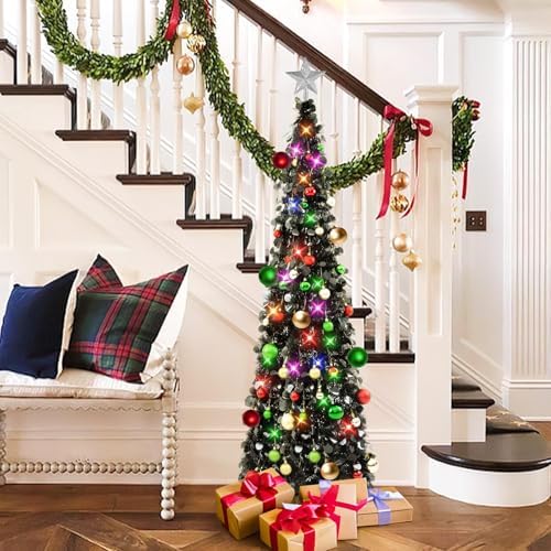 N&T NIETING Pop Up Black Tinsel Christmas Tree, 5Ft Collapsible with Lights & 30 Balls, Skinny Christmas Tree Decor for Holiday Xmas Home Office