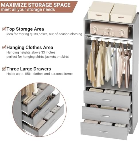 Besiost Freestanding Closet System with 3 Drawers, Wood Closet Organizer