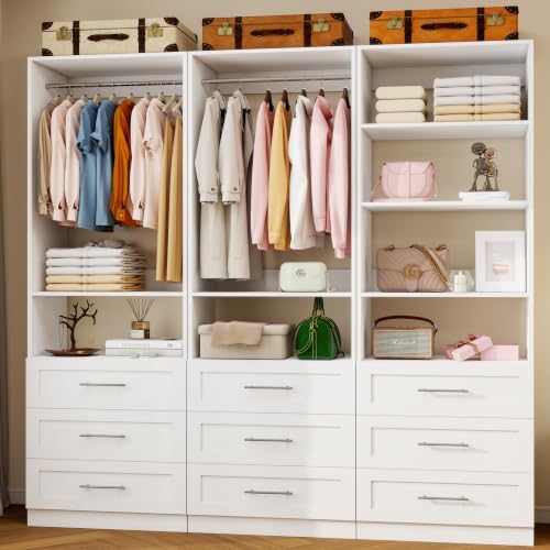 Closet System with 3 Sets, 6–15 FT Closet Organizer System with 9 Drawers, 6 Shelves & 5 Rods, Walk-In Modular Closet System, Custom Built-In Closet Kit, White