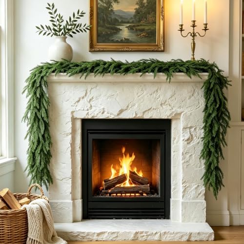 6FT Artificial Norfolk Pine Garland, Real Touch Greenery Garland for Mantel Fireplace Staircase Table Door Wall Window Indoor Outdoor Christmas Decorations