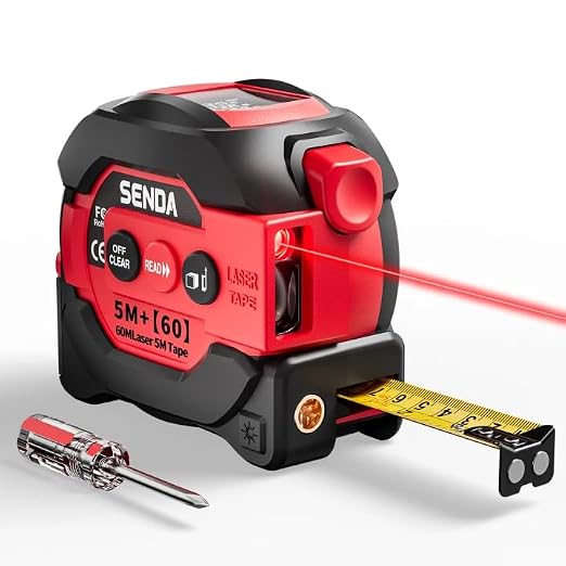 SENDA 3-in-1 Laser Tape Measure - 197Ft Digital Measuring Tape with Led Display&16Ft Measuring Tool with Magnetic Hook & Auto Lock - Pythagorean, Area, Volume, Ft/Ft+in/in/M Unit, AAA Battery*2, Red