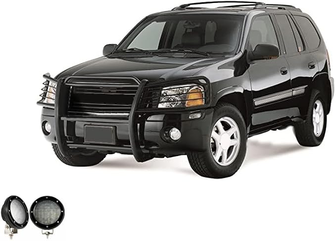 Black Horse Grille Brush Bumper Guard Modular Come with Pair of 5.3" Dia.LED Lights with Black Trim Rings Compatible with 2002-2006 GMC Envoy|2002-2006 GMC Envoy XL-17GD26MA-PLFB