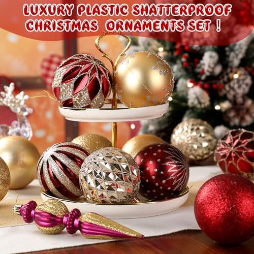 Soulchen 19 Pcs 3.15 Inches Red and Gold Luxury Christmas Tree Ornaments Set Plastic Shatterproof Burgundy Balls Finials Christmas Ornaments Hanging Tree Decorations Baubles for Xmas Holiday Decor