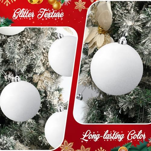 Poen 16 Pcs 6 Inch Large Glitter Christmas Ball Ornament, White