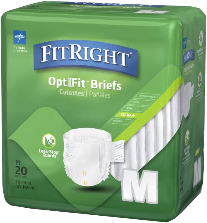 FitRight OptiFit Extra+ Adult Diapers with Leak Stop Guards, Disposable Incontinence Briefs with Tabs, Moderate Absorbency, Medium, 32"-42", 20 Count (Pack of 2)