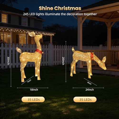 Christmas Deer Outdoor Decorations - 4 Piece 3D Lighted Deer Family Set with 245 LED Lights, Yard Christmas Decor with Stakes for Front Yard, Lawn, Garden, Porch, Holiday - Gold