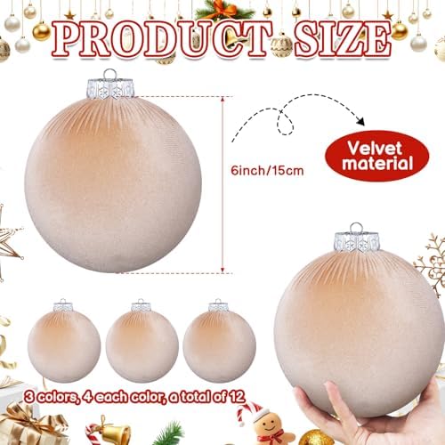 12 Pcs Jumbo Beige Velvet Christmas Balls Ornaments Bulk 6 Inch Extra Large Flocked Christmas Tree Ornaments Xmas Bulbs Decorations Giant Hanging for Outdoor Indoor Xmas Home Party