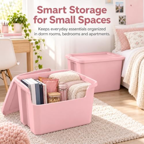 18 Gal Storage Bin with Snap-On Lid, Stackable Plastic Tote, Pink