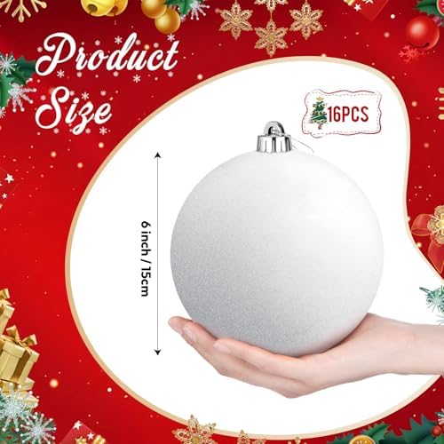 Poen 16 Pcs 6 Inch Large Glitter Christmas Ball Ornament, White