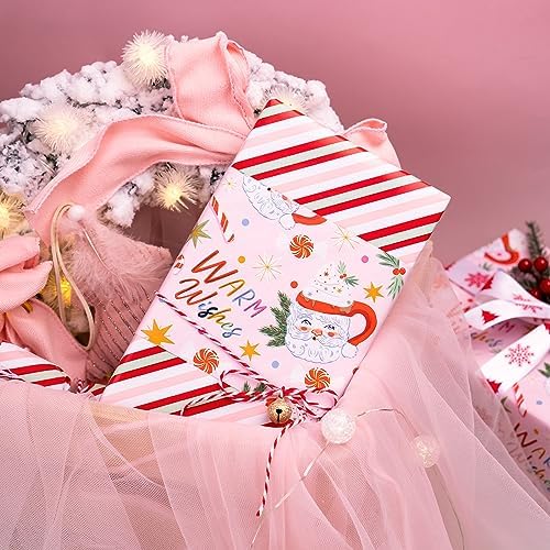 WRAPAHOLIC 30 Inch Jumbo Reversible Christmas Wrapping Paper - 30 Inch x 100 Feet Jumbo Roll Santa Claus Cup and Stripe Wrapping Paper for Chrsitmas, Holiday, Party Celebration