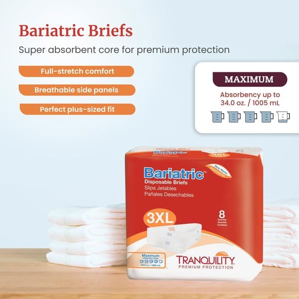 Tranquility Bariatric Disposable Briefs 3X-Large with Peach Mat Core for Dry Skin, Odor Control & Max Comfort, Secure Kufguard Technology, Latex-Free, 34oz Capacity, 8ct Bag
