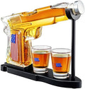 Patriotic Gun Whiskey Decanter Set, 2 American Flag Shot Glasses & Stand - Best Unique Gifts for Men, Birth Day Gift, Men. Pistol Liquor Dispenser Novelty Present for Home Bar Decor. Gifts for Him