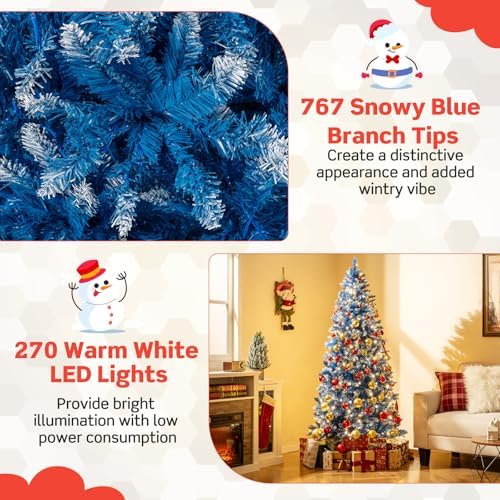 HAPPYGRILL 6 FT Pre-lit Christmas Tree Blue Hinged Artificial Xmas Tree with 270 Warm White LED Lights, 8 Modes, 767 Frosted Branch Tips, Folding Metal Base, for Home Party Holiday