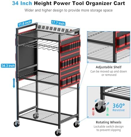 JUNNUJ Power Tool Organizer Cart with Charging Station, 6 FT Cord, Red