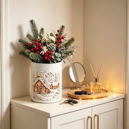 Christmas Canister Set of 2, Embossed Gingerbread House Metal Storage Jars with Wooden Lids, Winter Snow Village Decorative Cookie Tins for Candy Treats, Farmhouse Xmas Kitchen Countertop Home Decor
