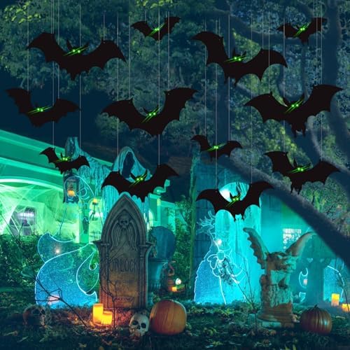 sewrung 12 Pcs Hanging Bats Halloween Decorations Outdoor - Large Flying Plastic Bats Outside Decor - 3 Different Sizes - Glow in Dark Eyes for Hanging in The Tree, Porch, Yard, Lawn, Indoor