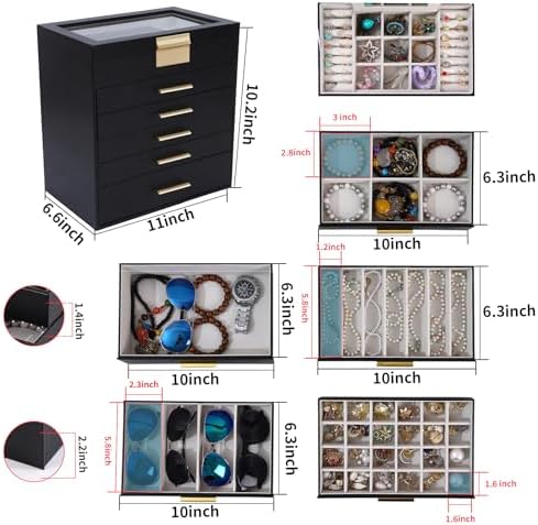 BOOVO Jewelry Boxes for Women, White and Black 6 Layer Large Jewelry Box for Necklace, Bracelet, Earrings, Rings Storage, Jewelry holder Organizer for Girls Gift (Clear Black, 6 layer)