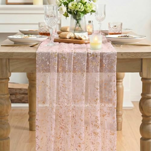 Artoid Mode 3PC Gold Gauze Pink Table Runner 120 Inch 10FT, Glitter Metallic Foil Sheer Dining Wedding Anniversary Holiday Birthday Table Decor for Home Party