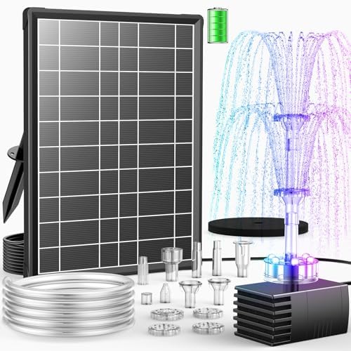 Antfraer 8W Solar Fountain Pump Built-in 3600mAh Battery & LED Lights, Solar Powered Water Pump with Double-Layer Nozzle & 5ft Tubing, Solar Water Fountain For Bird Bath Pond Garden DIY Water Features