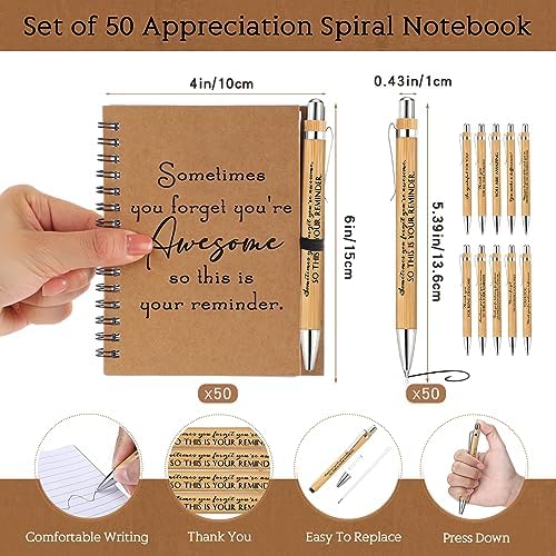 Honoson 50 Sets Inspirational Spiral Notebooks with Bamboo Pens