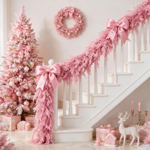 12FT Pink Christmas Cedar Garland, Realistic Artificial Garland, Soft Pastel Xmas Decorations Indoor Outdoor, Faux Holiday Garland for Mantle, Fireplace, Table, Door, Wedding Party Decor