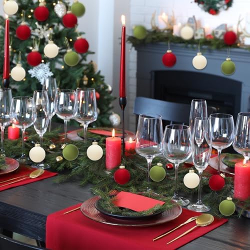 Gemscream 30 Pcs Velvet Christmas Balls, 3.15" Flocked Ornaments, red Green
