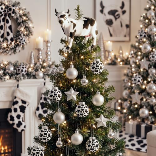 32 Pcs Cow Christmas Tree Decorations Cow Tree Topper Christmas Balls Skirt Xmas Western Cowhide Ornaments for Farmhouse Country Home Xmas Gift