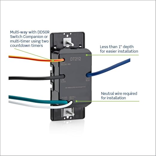 Leviton Countdown Switch for lights, attic, heaters, pool pumps, 2-4-8-12 hour, Neutral Wire Required, 20A, 1 HP/16A Fan/Motor, Single Pole, Multi-Way or Multi-Timer, DT212-1LW, White