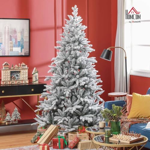HOMCOM 7ft Snow Flocked Artificial Christmas Tree Hinged Xmas Tree Green