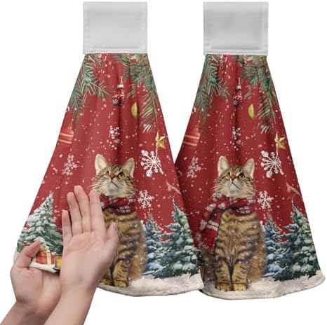 2 Pcs Red Xmas Cat Hanging Kitchen Towels with Loop Cute Kitten Snowflakes Winter Holiday Kitchen Tie Towels Fast Drying Dish Towel Soft Absorbent Hand Towel for Farmhouse Bathroom Decor