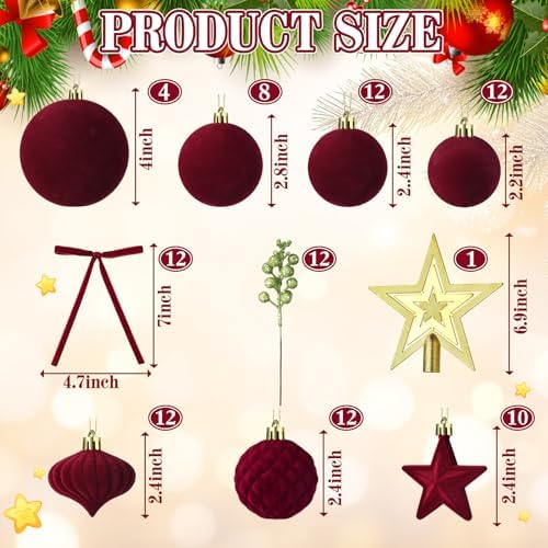 Hollowfly 95 PCS Velvet Christmas Tree Decor Set, Burgundy