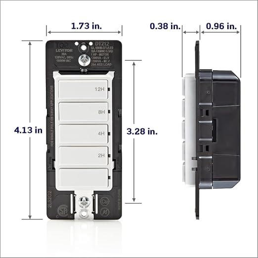 Leviton Countdown Switch for lights, attic, heaters, pool pumps, 2-4-8-12 hour, Neutral Wire Required, 20A, 1 HP/16A Fan/Motor, Single Pole, Multi-Way or Multi-Timer, DT212-1LW, White