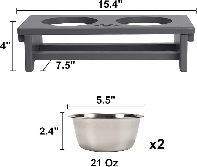 HTB Elevated Dog Bowl Stand with 2 Stainless Steel Bowls-4" H Small Grey | Raised Dog Bowl Stand, 4"tall, 21 Oz Bowls, for Small Sized Dogs, Pet-safe, Solid Bamboo