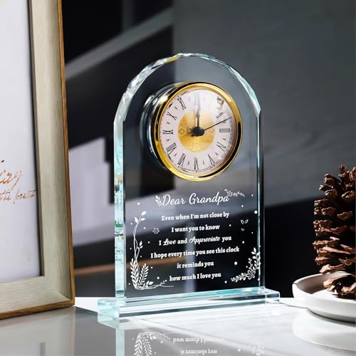 YWHL Glass Colck Gifts for Grandpa, Best Father's Day Grandpa Gifts, Great Grandfather Birthday Gifts, Glass Clock Keepsake for Grandpa on Christmas (Battery not Included)