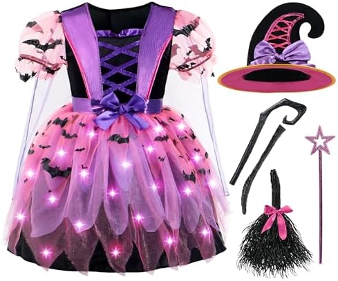Spooktacular Creations Girls Light Up Witch Costume, Kids Witch Costume with Hat and Broom for Toddler Halloween Dress Party