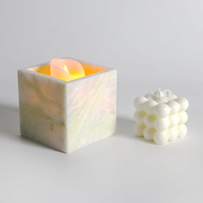 Natural Marble Makeup Brush Holder for Vanity, Toothbrush Holder for Bathroom, Luxurious Countertop Organizer, Green Bathroom Accessories Square