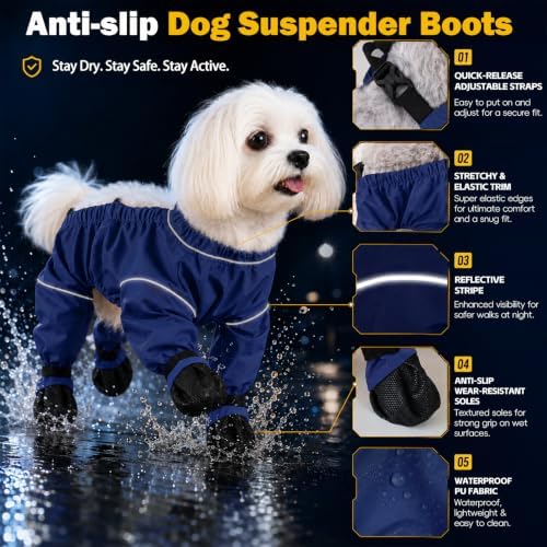 Waterproof Dog Boots Rain Boots with Suspender, Dogs Shoes Paw Protector for Small Medium Puppy, Anti-Slip Doggy Boot Belly Protector, Rain Booties Snow Pants Dogs Suspender Booties Leggings(L,blue h)