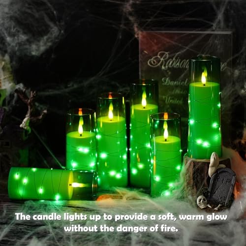 kakoya Flameless LED Candles with Timer 5 Pc Flickering Flameless Candles for Romantic Ambiance and Home Decoration Stable Acrylic Shell,with Embedded Star String，Battery Operated Candles（Green）