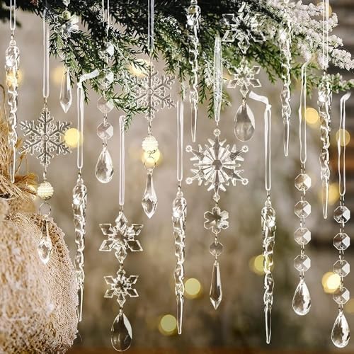 Crystal Christmas Tree Ornaments, Clear Acrylic Snowflake & Icicle, 32pcs