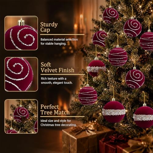 9Pcs Red Velvet Christmas Ornaments 3.94In Balls for Christmas Tree Deco