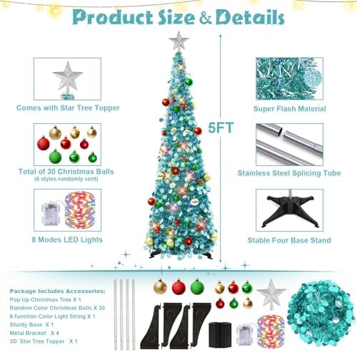 N&T NIETING Pop Up Christmas Tree with Lights & Ornaments, 5FT, Lake Blue