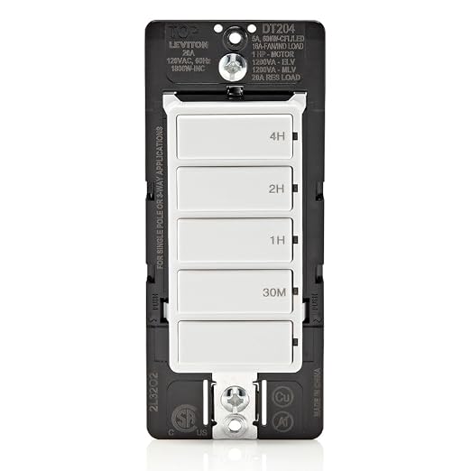 Leviton Countdown Switch for lights, attic, heaters, pool pumps, 30 min, 1-2-4 hour, Neutral Wire Required, 20A, 1 HP/16A Fan/Motor, Single Pole, Multi-Way or Multi-Timer, DT204-1LW, White